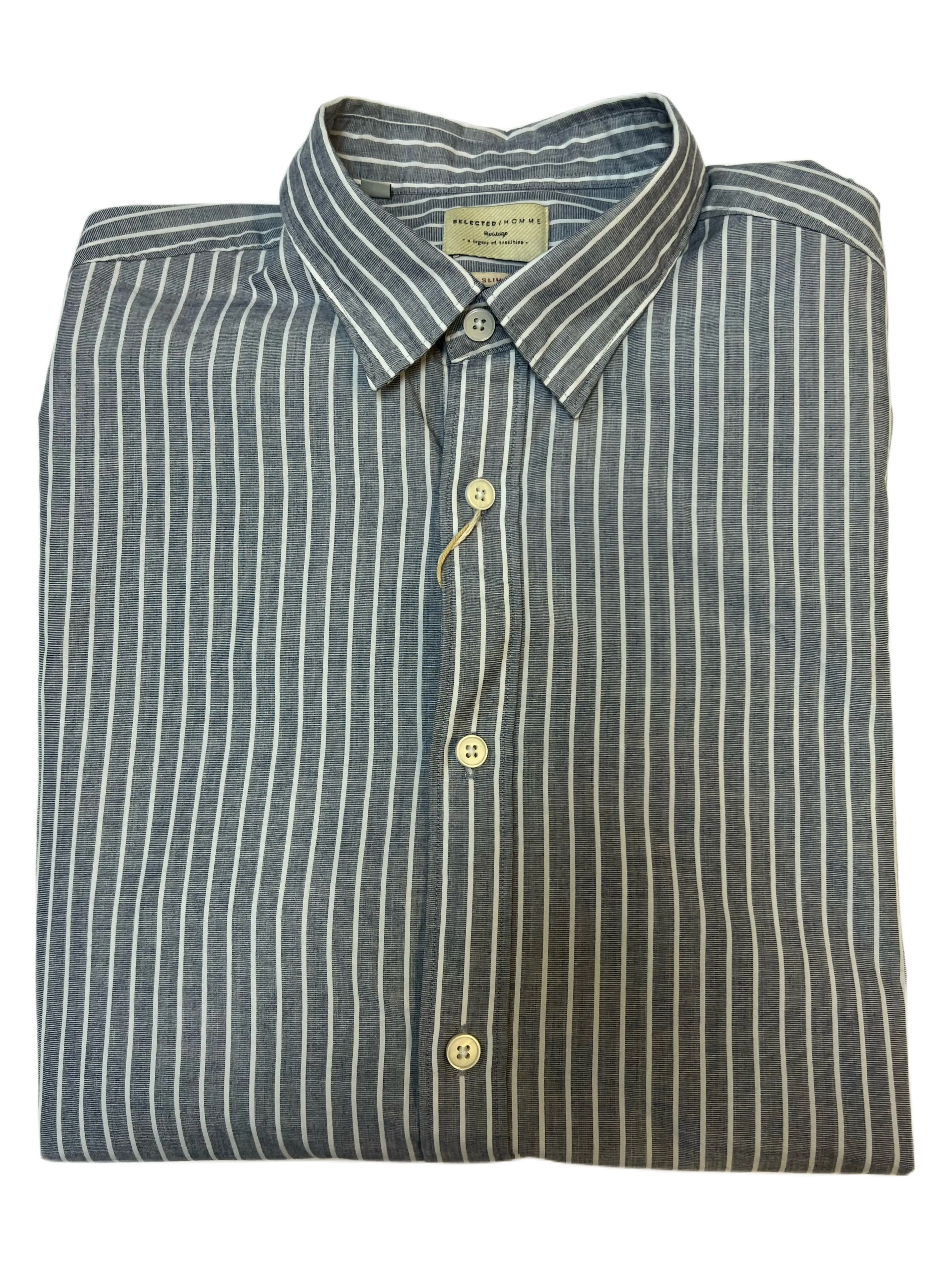 SELECTED Men's Dark Sapphire Striped Long Sleeve Dress Shirt Sz M NWT