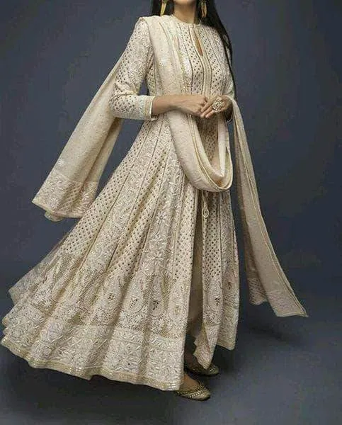Semi stitched Chikankari Anarkali Wedding Suit