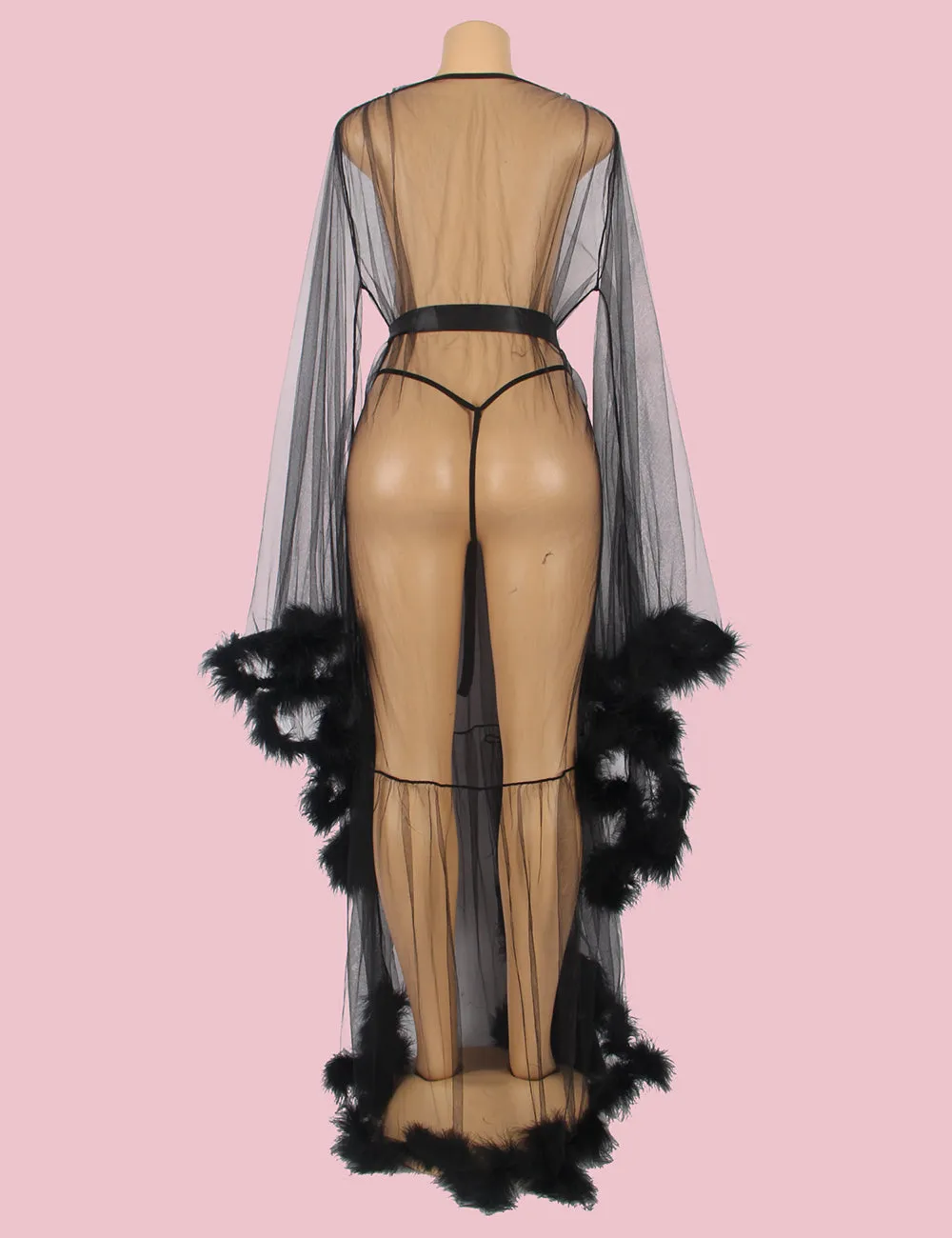 Sexy Plush Edging Mesh Wide Sleeves Robe With Belt