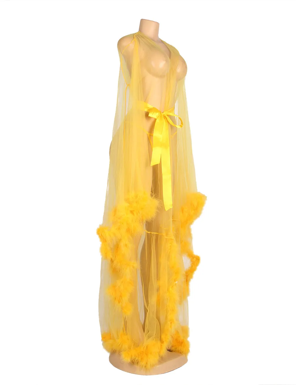 Sexy Plush Edging Mesh Wide Sleeves Robe With Belt