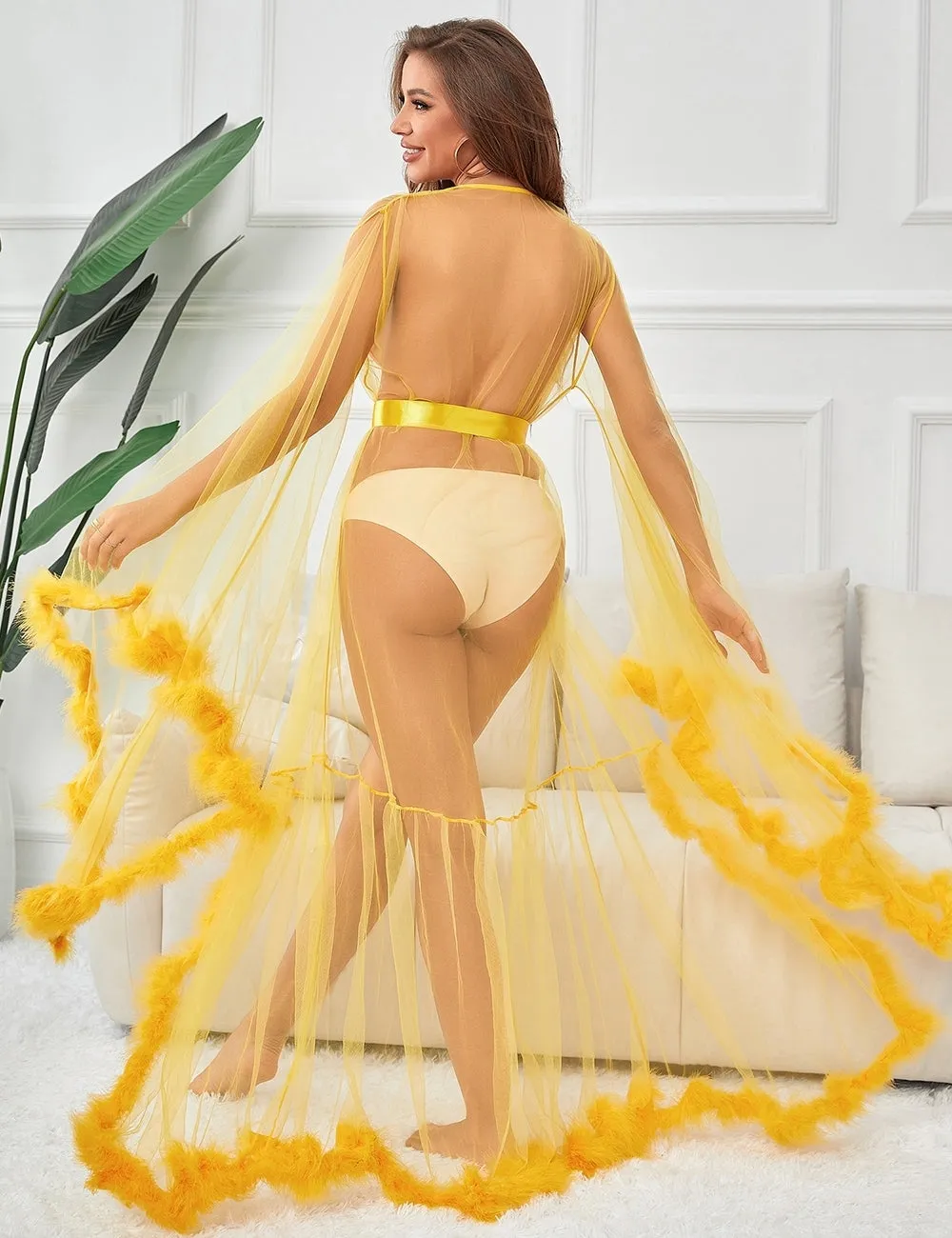 Sexy Plush Edging Mesh Wide Sleeves Robe With Belt