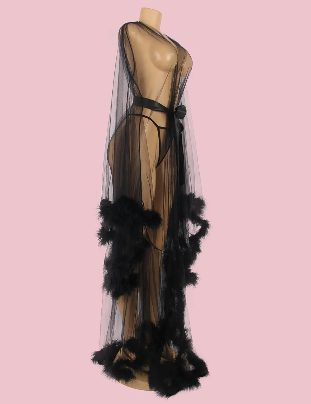 Sexy Plush Edging Mesh Wide Sleeves Robe With Belt