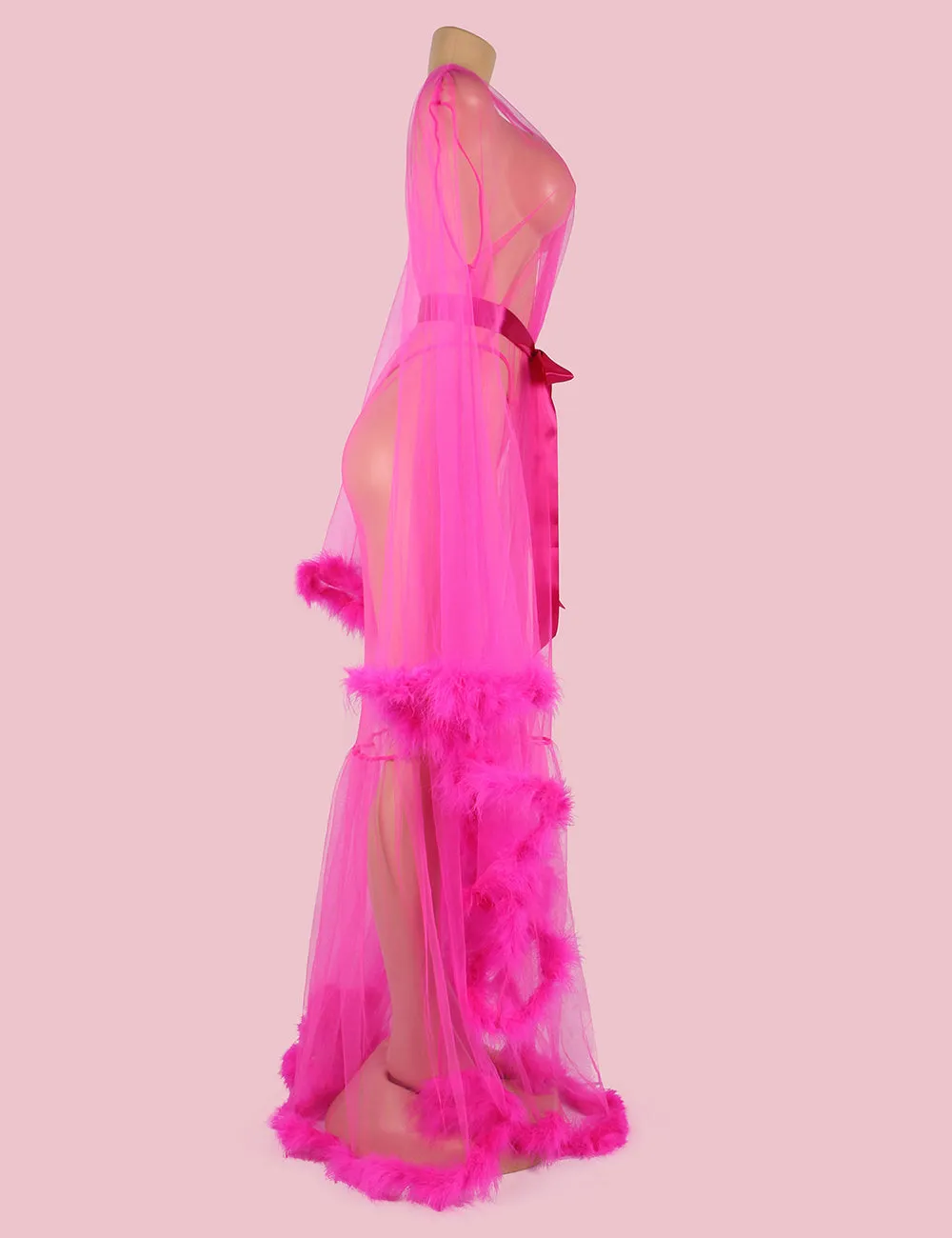 Sexy Plush Edging Mesh Wide Sleeves Robe With Belt