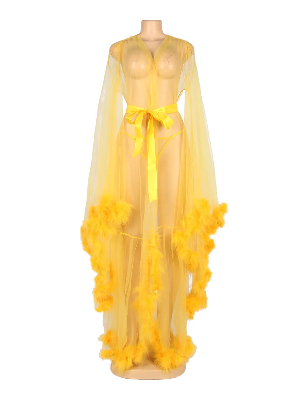 Sexy Plush Edging Mesh Wide Sleeves Robe With Belt