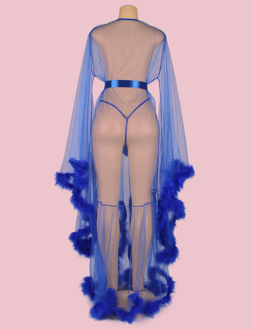 Sexy Plush Edging Mesh Wide Sleeves Robe With Belt