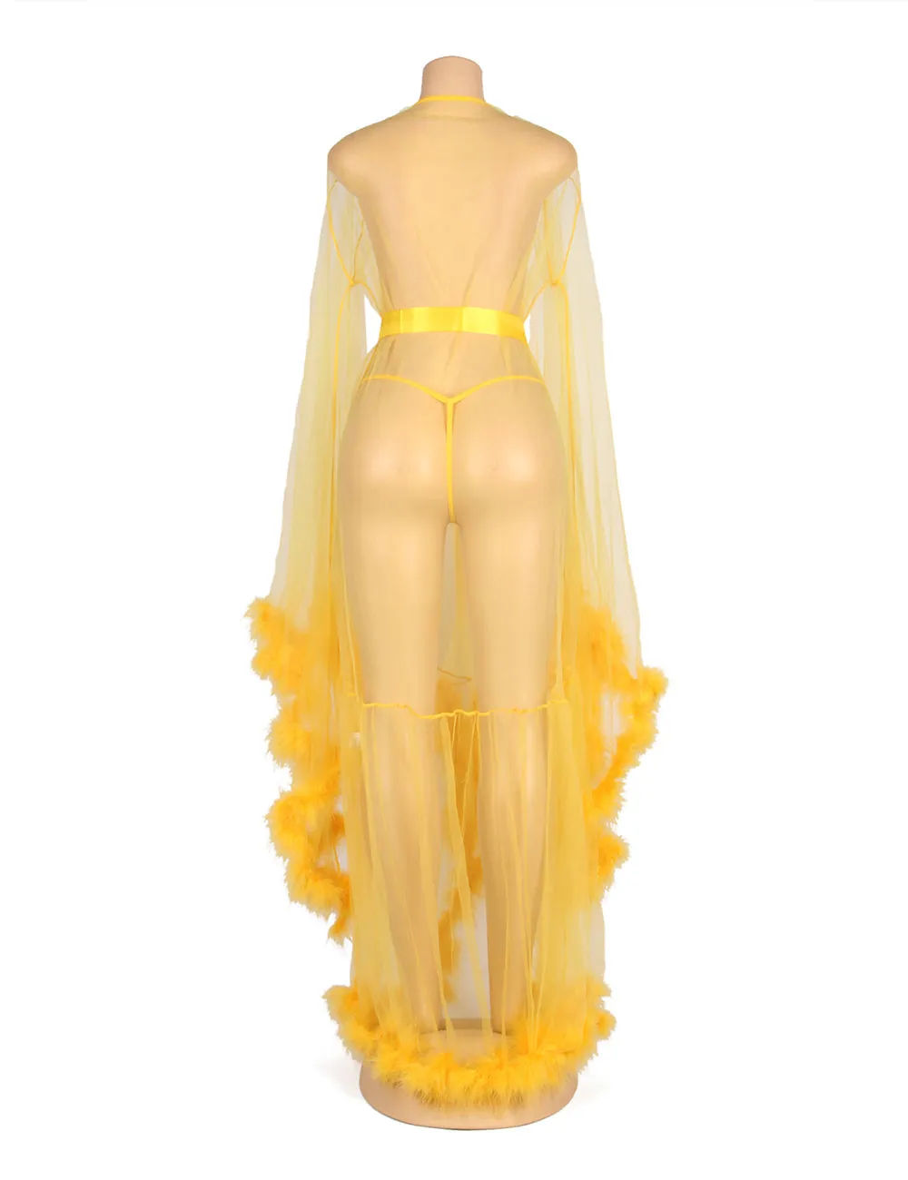 Sexy Plush Edging Mesh Wide Sleeves Robe With Belt