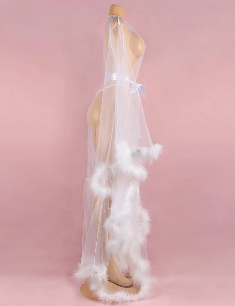 Sexy Plush Edging Mesh Wide Sleeves Robe With Belt