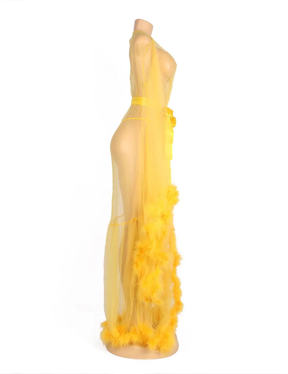 Sexy Plush Edging Mesh Wide Sleeves Robe With Belt