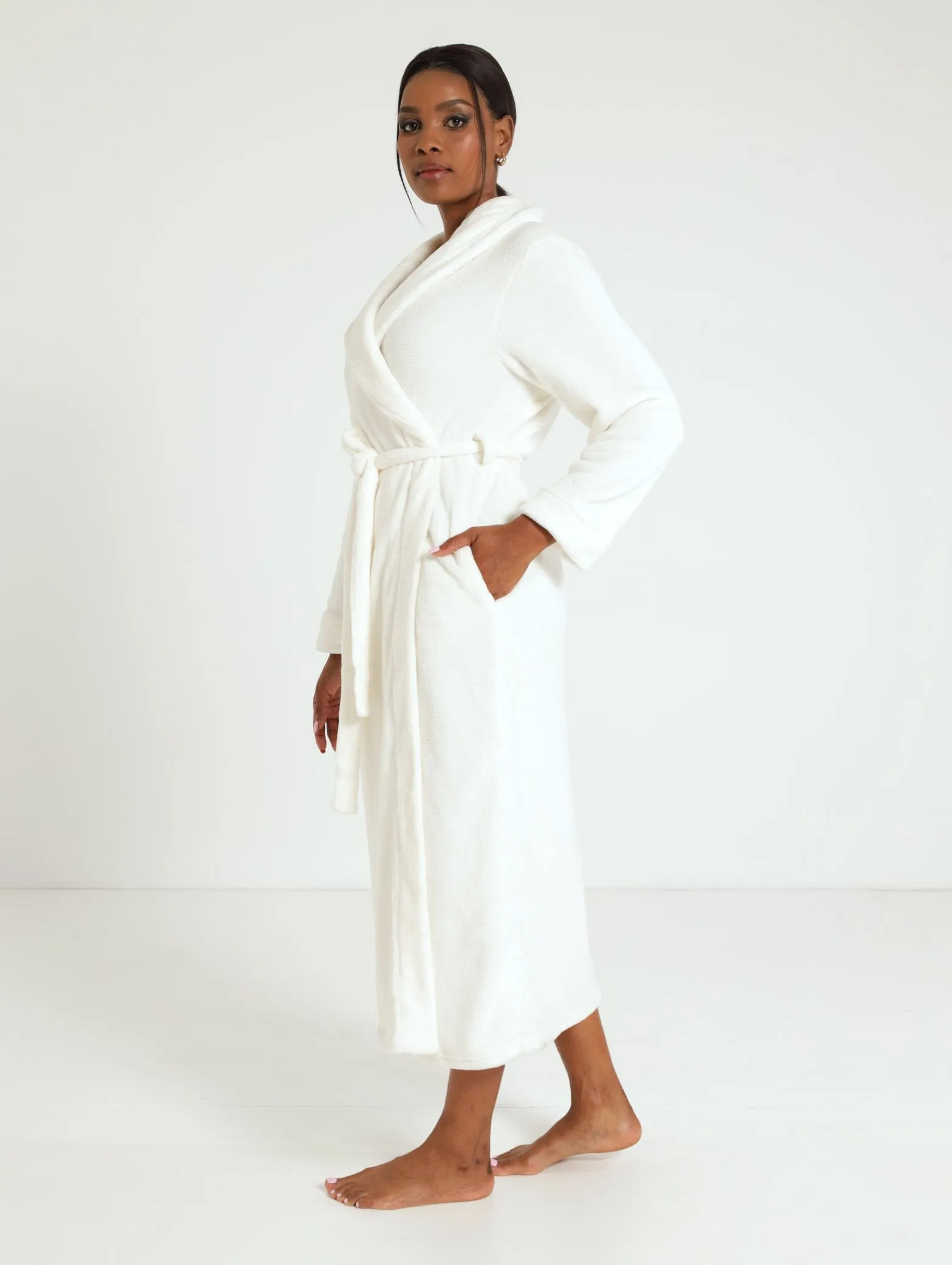 Shawl Collar Fleece Gown - Cream