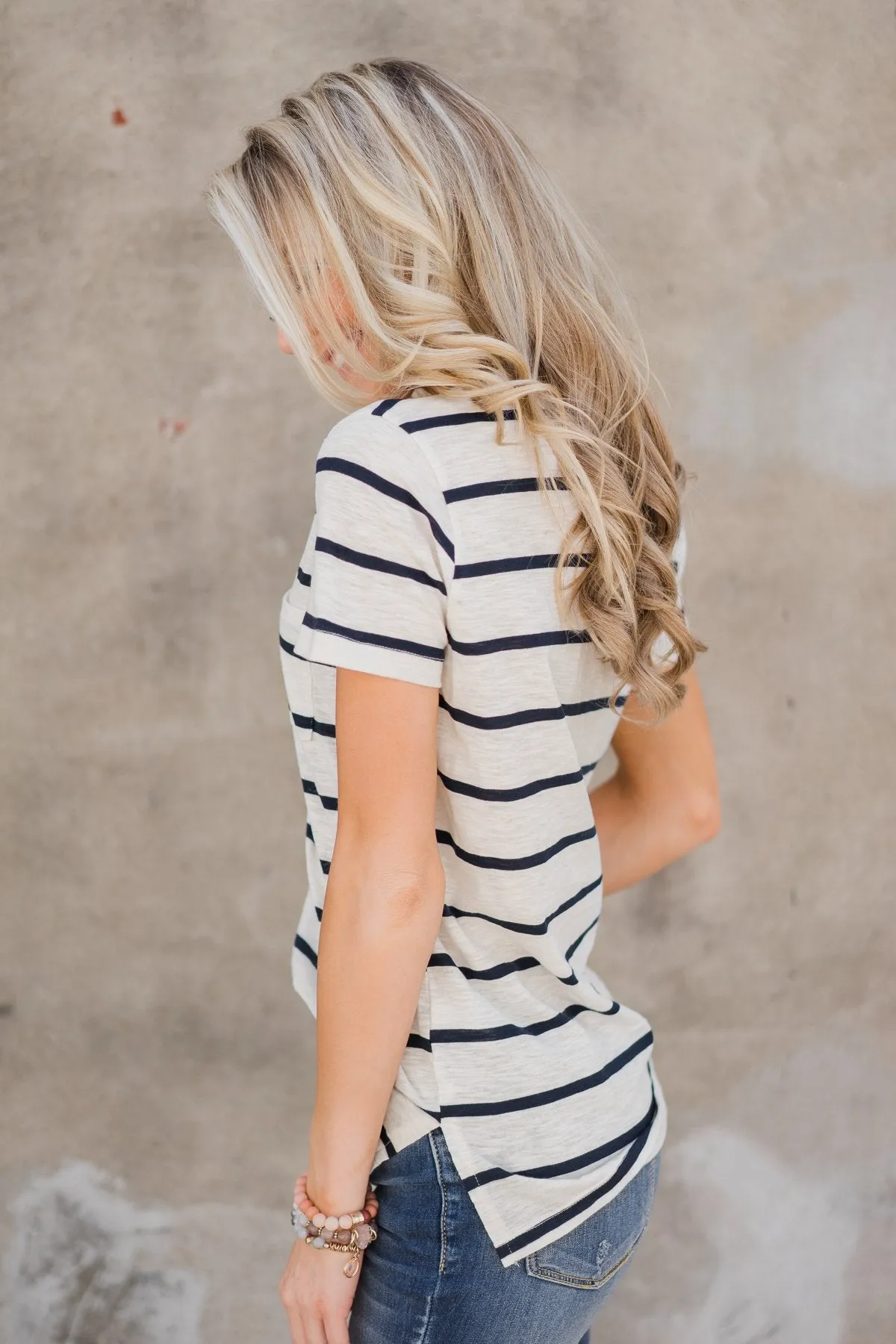 Side to Side Striped Pocket Top- Navy
