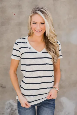 Side to Side Striped Pocket Top- Navy