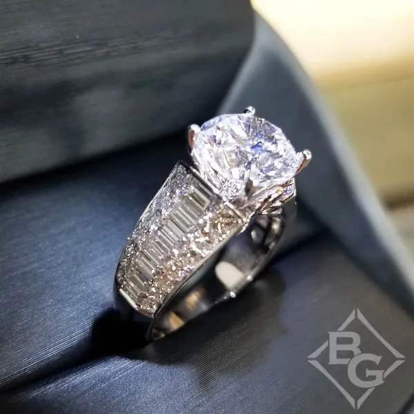 Simon G. Large Round Center Side Tapered Baguette Diamond Engagement Ring