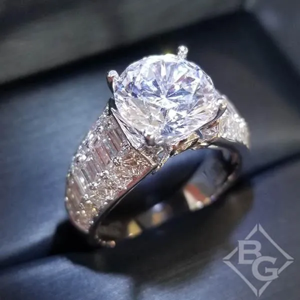Simon G. Large Round Center Side Tapered Baguette Diamond Engagement Ring
