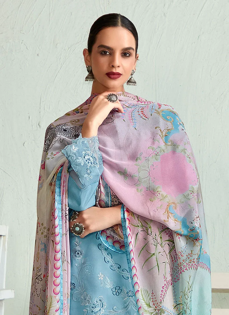 Sky Blue Floral Embroidery Pakistani Salwar Kameez Suit