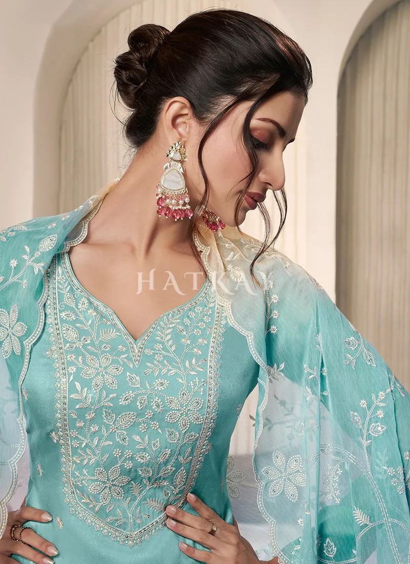Sky Blue Reshamkari Embroidery Pant Style Suit