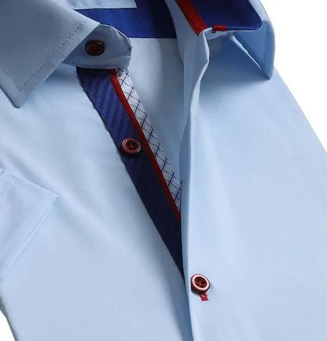 Sky Blue Solid Short Sleeve Button up Shirts for Men - Tailored Slim Fit Cotton Dress Shirts