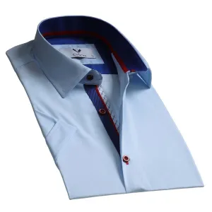 Sky Blue Solid Short Sleeve Button up Shirts for Men - Tailored Slim Fit Cotton Dress Shirts