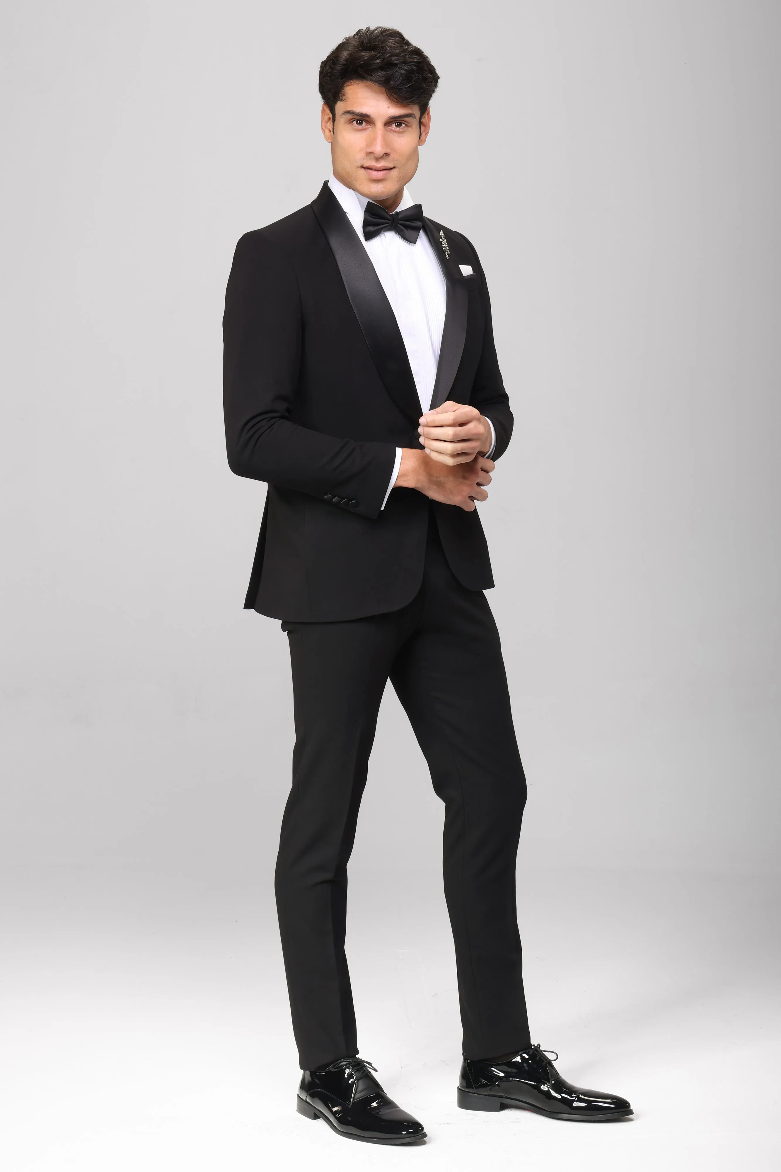 Slim Fit Black Wedding Suit -Satin Shawl Lapel-Turkish Made