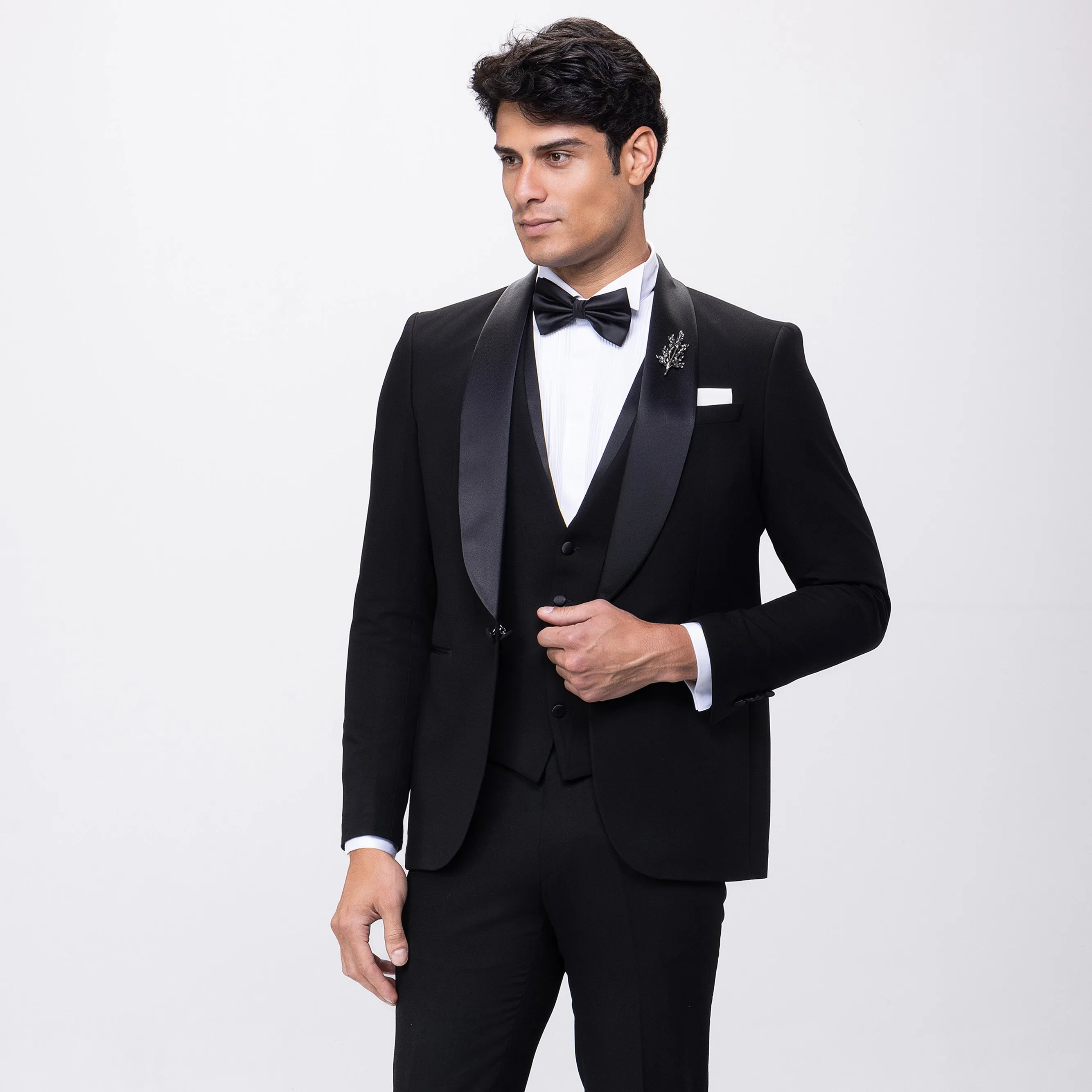 Slim Fit Black Wedding Suit -Satin Shawl Lapel-Turkish Made