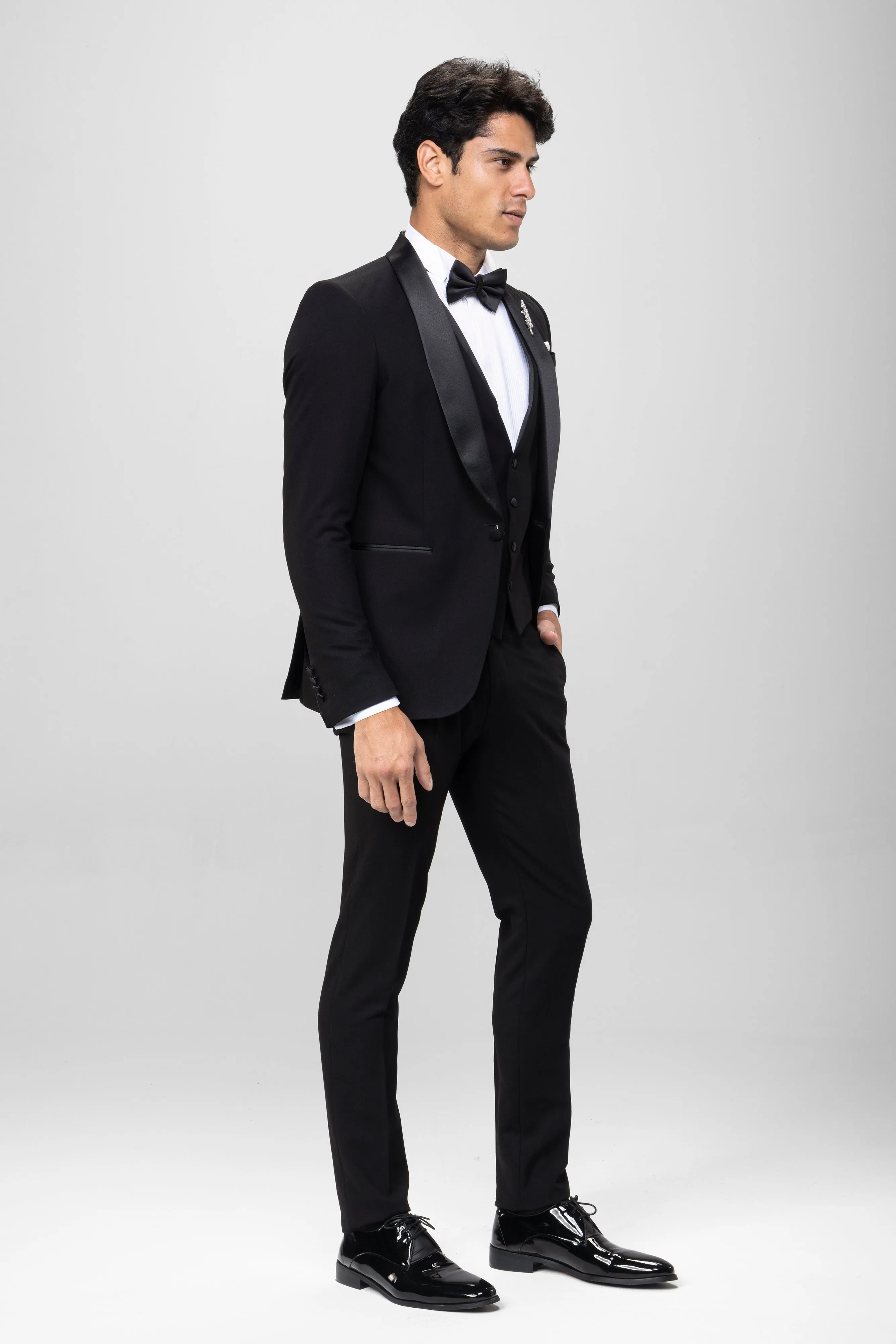 Slim Fit Black Wedding Suit -Satin Shawl Lapel-Turkish Made