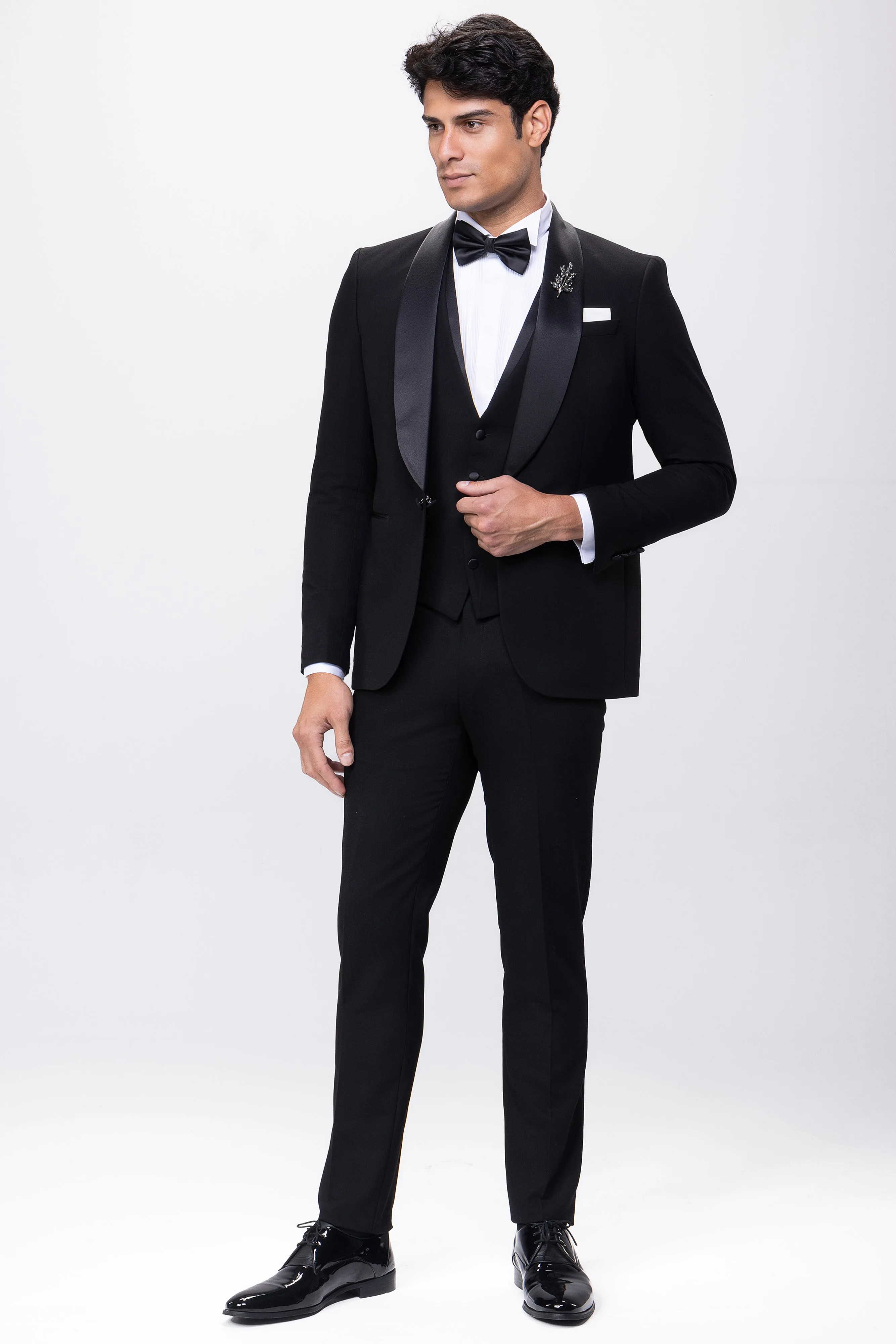 Slim Fit Black Wedding Suit -Satin Shawl Lapel-Turkish Made