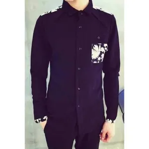 Slimming Floral Print Shoulder Splicing Turn-Down Collar Pocket Men's Long Sleeve Shirt - Black Xl