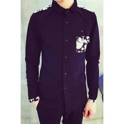 Slimming Floral Print Shoulder Splicing Turn-Down Collar Pocket Men's Long Sleeve Shirt - Black Xl
