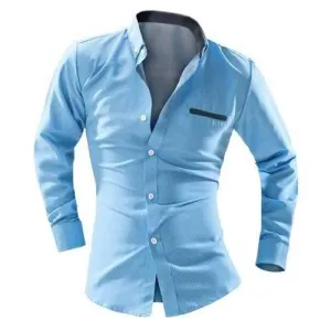 Slimming Shirt Collar Exquisite Pocket Polka Dot Print Long Sleeves Men's Button-Down Shirt - Azure M