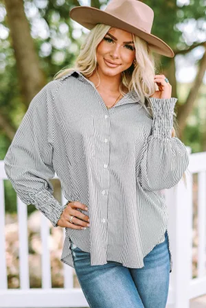 Smocked Cuffed Striped Boyfriend Shirt