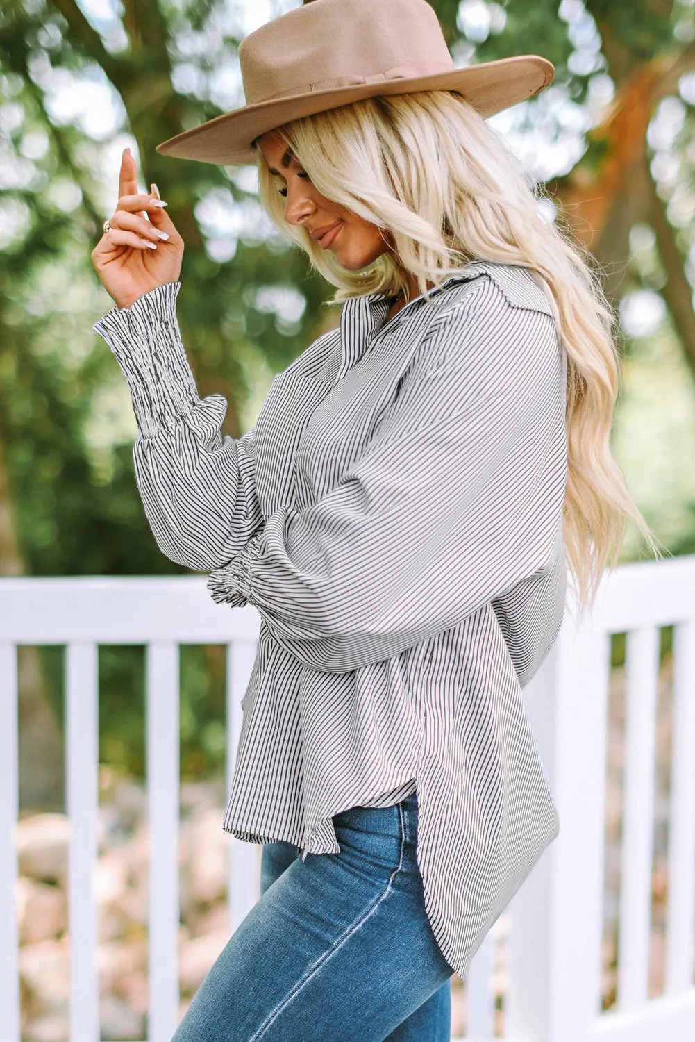 Smocked Cuffed Striped Boyfriend Shirt