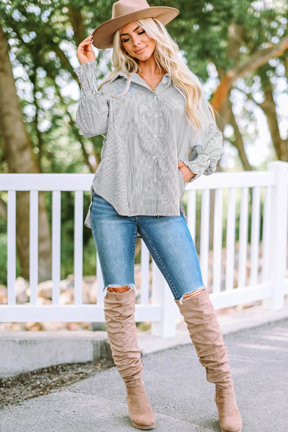 Smocked Cuffed Striped Boyfriend Shirt