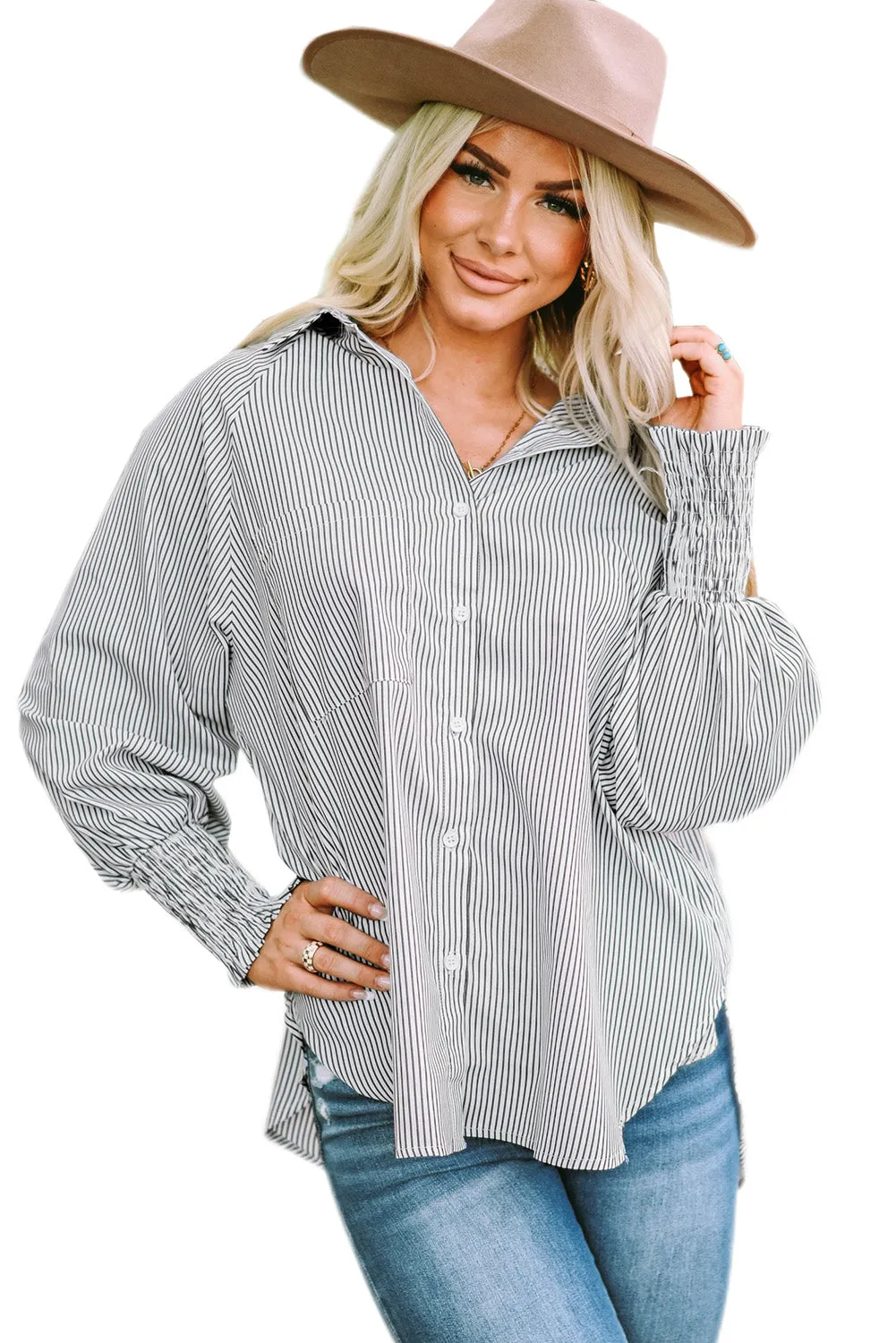 Smocked Cuffed Striped Boyfriend Shirt