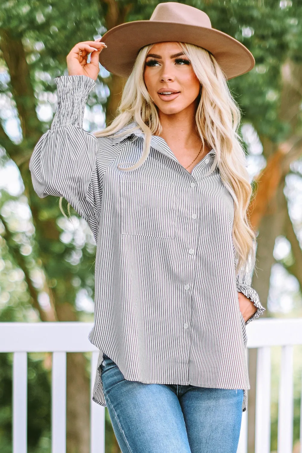 Smocked Cuffed Striped Boyfriend Shirt