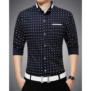 Stylish Polka Dot Print Color Block Slim Fit Long Sleeves Men's Pin Collar Shirt - Cadetblue M