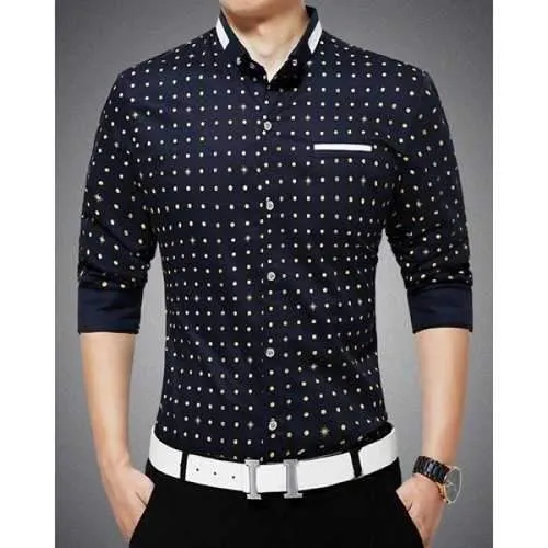 Stylish Polka Dot Print Color Block Slim Fit Long Sleeves Men's Pin Collar Shirt - Cadetblue M