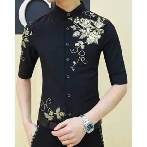Stylish Shirt Collar 3D Rose Pattern Slimming 1/2 Sleeve Cotton Blend Shirt For Men - Black M