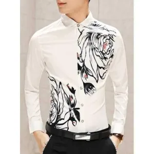 Stylish Shirt Collar Chinese Painting Print Slimming Long Sleeve Polyester Shirt For Men - White Xl