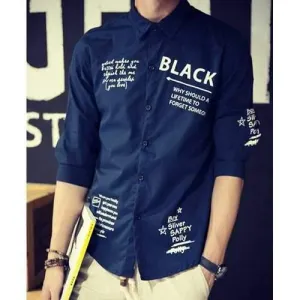 Summer Necessary Fitted Turn-down Collar Letters Print 3/4 Sleeves Men's Cotton Blend Shirt - Cadetblue L