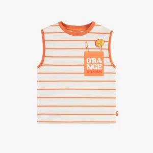 T-shirt sans manches crème et orange rayé en coton, enfant || Cream and orange stripes sleeveless t-shirt in cotton, child