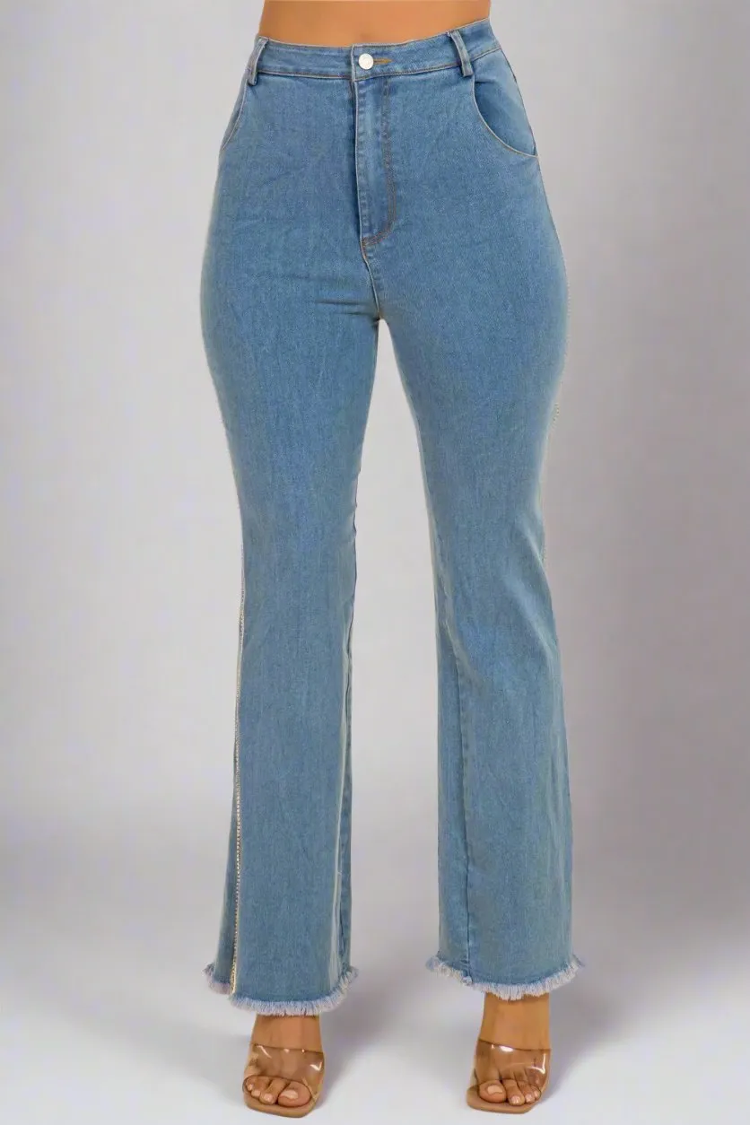 Tamera Rhinestone Trim Side Slit Stretch Denim Pants for Chic Comfort and All-Day Style