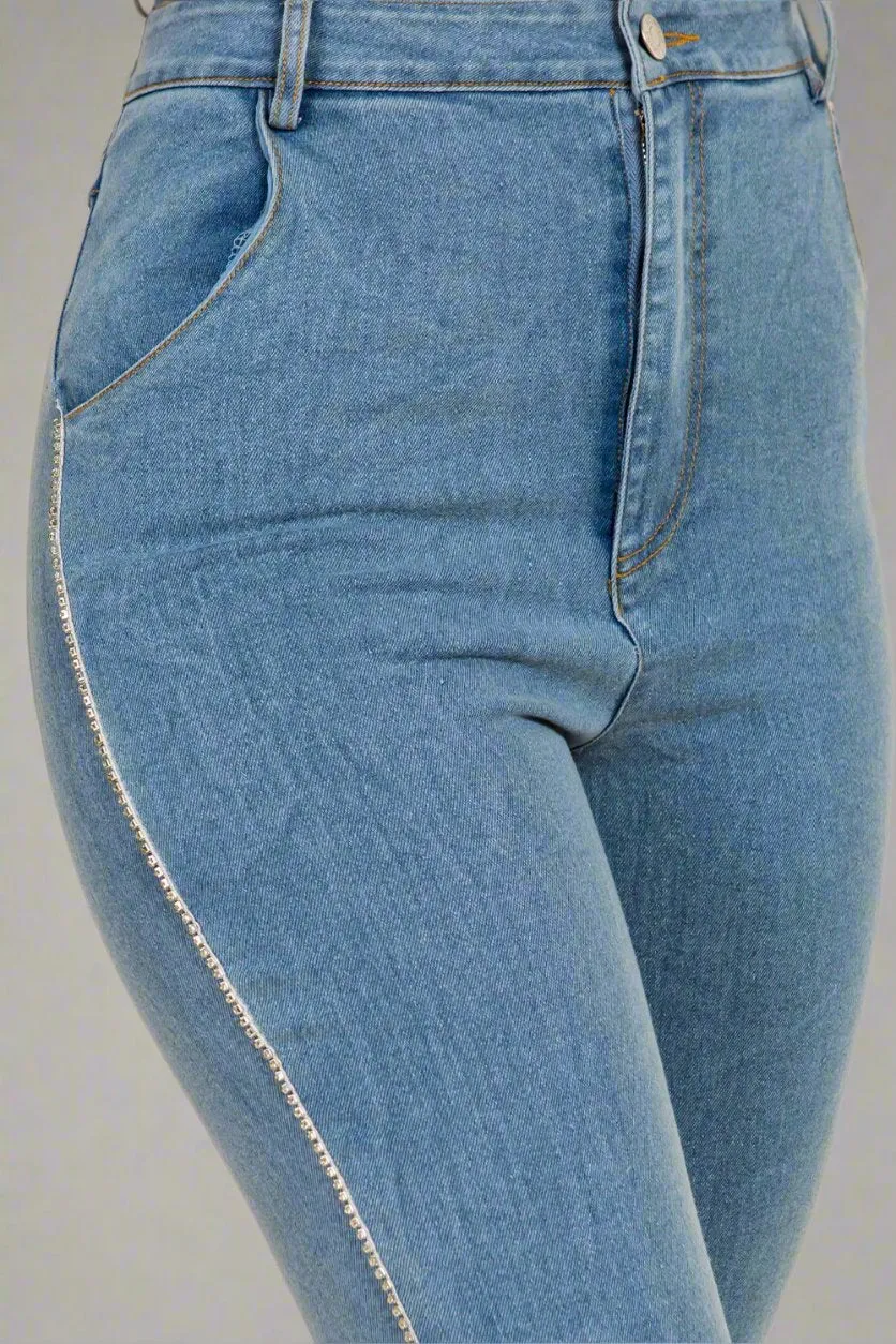 Tamera Rhinestone Trim Side Slit Stretch Denim Pants for Chic Comfort and All-Day Style