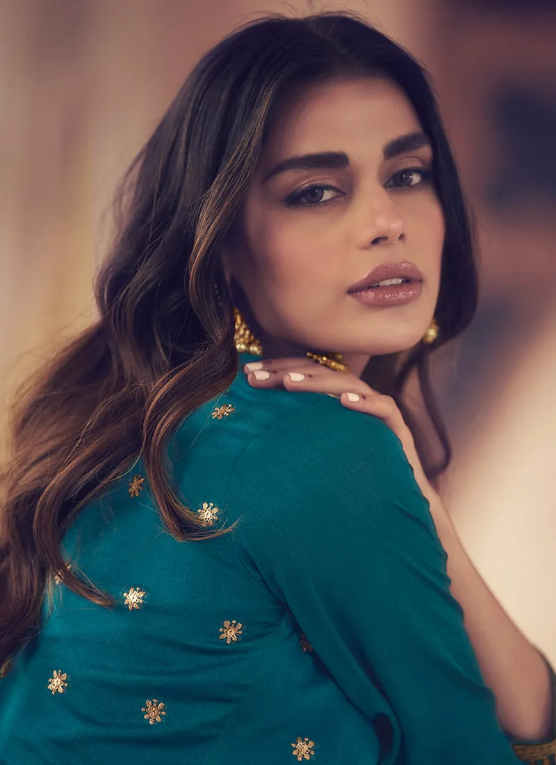 Teal Blue Embroidered Designer Anarkali Suit