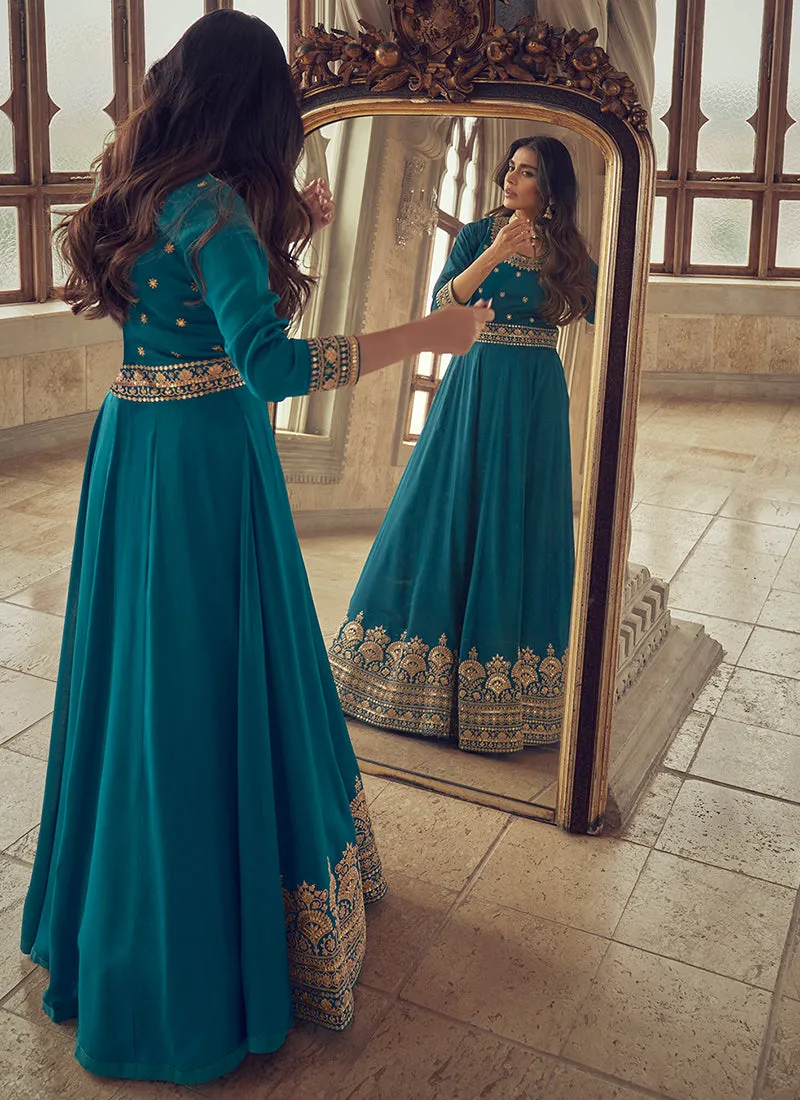 Teal Blue Embroidered Designer Anarkali Suit
