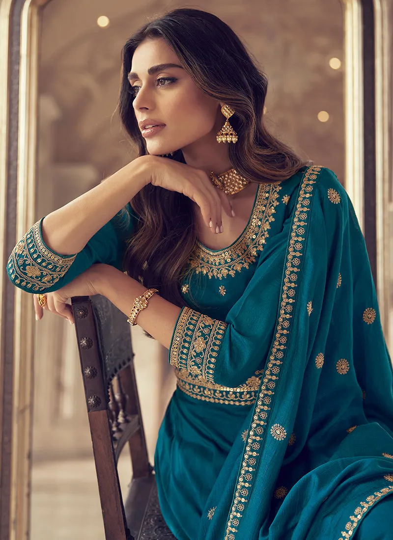 Teal Blue Embroidered Designer Anarkali Suit