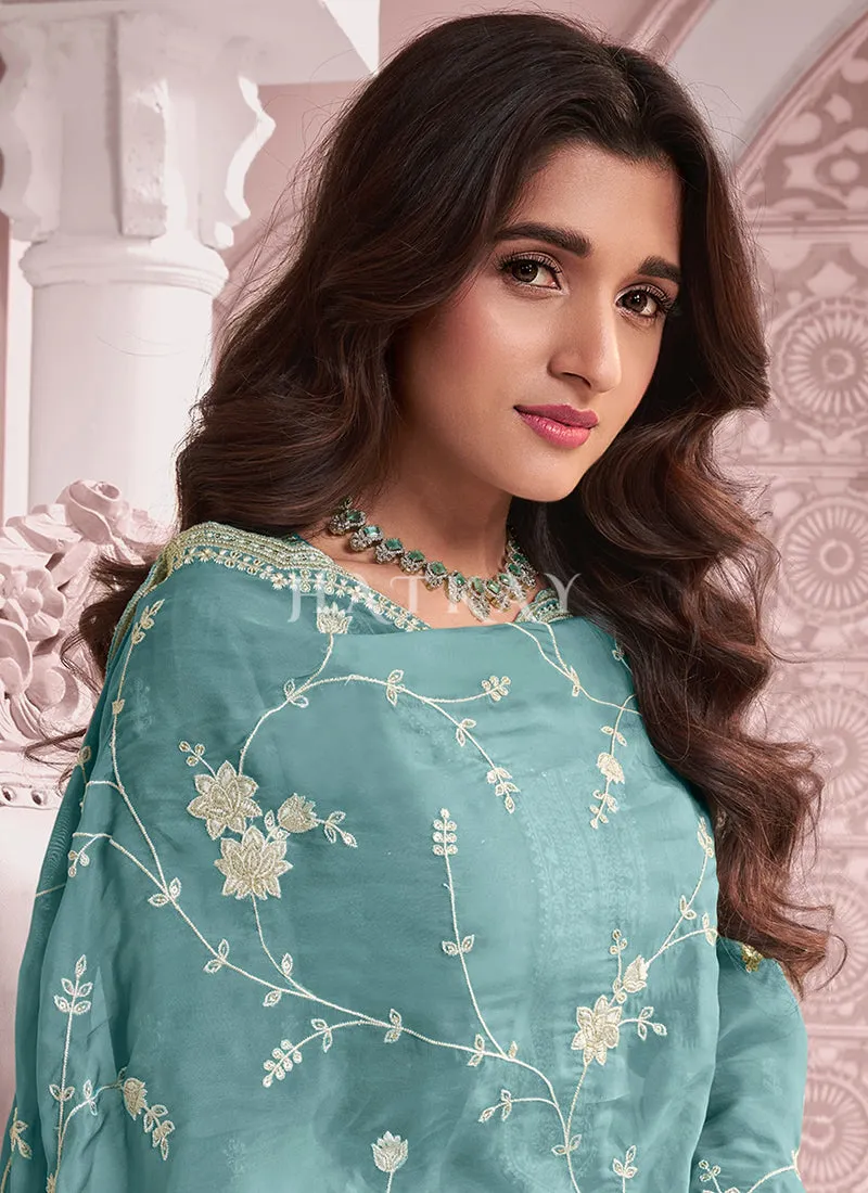 Teal Blue Thread Embroidery Pakistani Suit