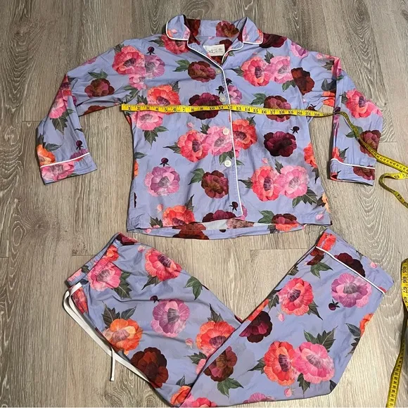 THE CAT'S PAJAMAS MARI LUXE PIMA LONG SLEEVE PAJAMA 2 PC SET BLUE PINK FLORAL M