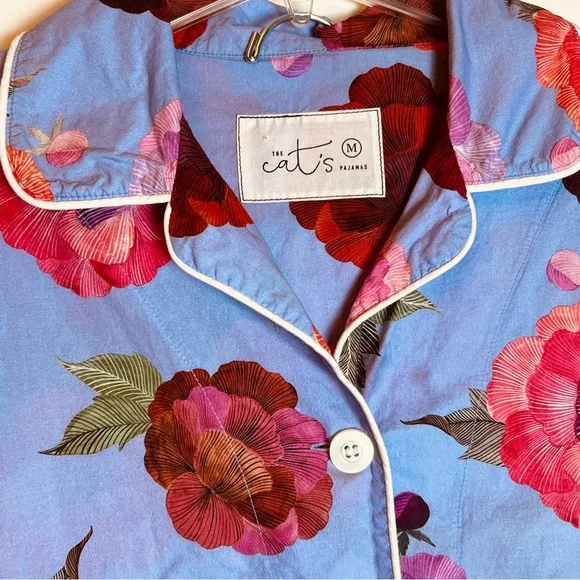 THE CAT'S PAJAMAS MARI LUXE PIMA LONG SLEEVE PAJAMA 2 PC SET BLUE PINK FLORAL M