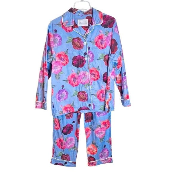THE CAT'S PAJAMAS MARI LUXE PIMA LONG SLEEVE PAJAMA 2 PC SET BLUE PINK FLORAL M