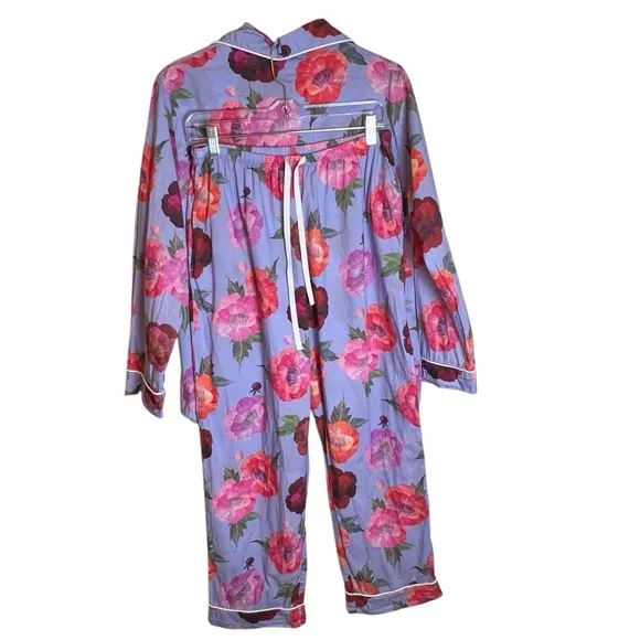 THE CAT'S PAJAMAS MARI LUXE PIMA LONG SLEEVE PAJAMA 2 PC SET BLUE PINK FLORAL M