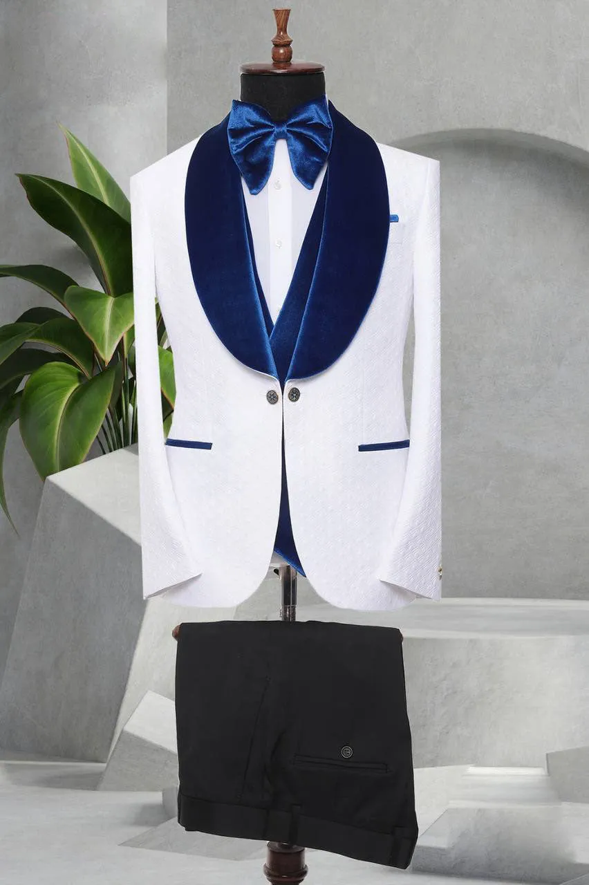 Three Piece Mens Suit with contrasting blue velvet lapel, matching bow tie and Black Pants